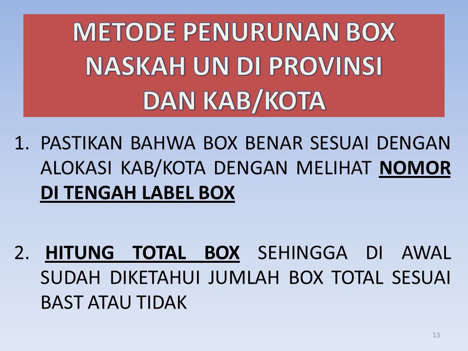 1.PASTIKAN BAHWA BOX BENAR SESUAI DENGAN ALOKASI KAB/KOTA DENGAN MELIHAT NOMOR DI TENGAH LABEL BOX 2.