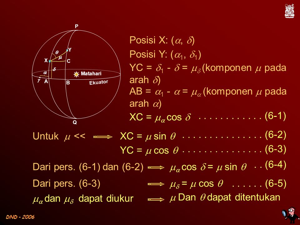 DND Posisi X: ( ,  ) Posisi Y: (  1,  1 ) YC =  1 -  =   (komponen  pada arah  ) AB =  1 -  =   (komponen  pada arah  ) XC =   cos  A B C X Y      Matahari Ekuator P Q Untuk  <<