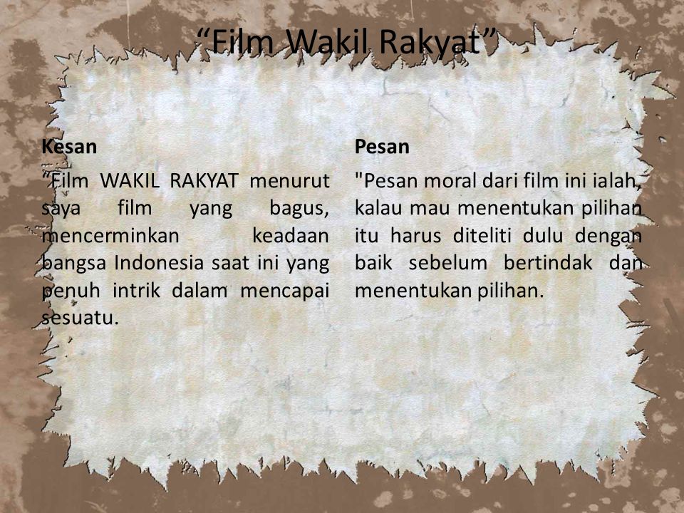 Film Wakil Rakyat Kesan Film WAKIL RAKYAT menurut saya film yang bagus, mencerminkan keadaan bangsa Indonesia saat ini yang penuh intrik dalam mencapai sesuatu.