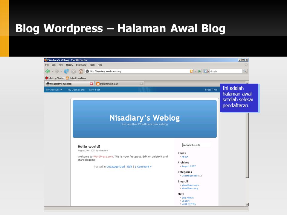 Blog Wordpress – Halaman Awal Blog Ini adalah halaman awal setelah selesai pendaftaran.