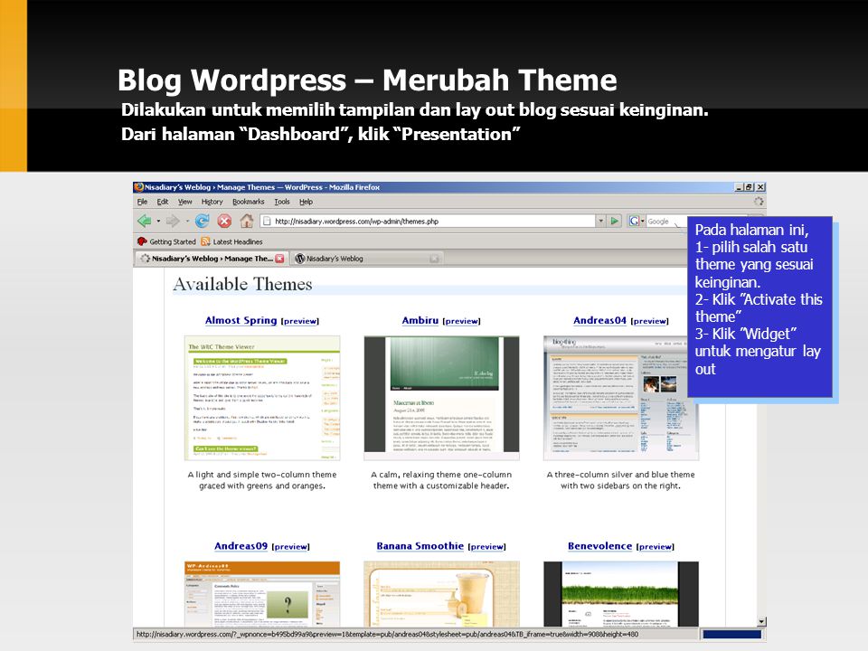 Blog Wordpress – Merubah Theme Dilakukan untuk memilih tampilan dan lay out blog sesuai keinginan.