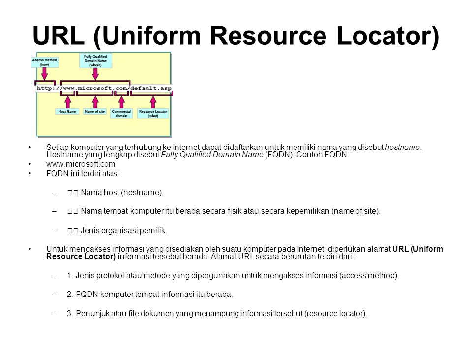 URL (Uniform Resource Locator) •Setiap komputer yang terhubung ke Internet dapat didaftarkan untuk memiliki nama yang disebut hostname.