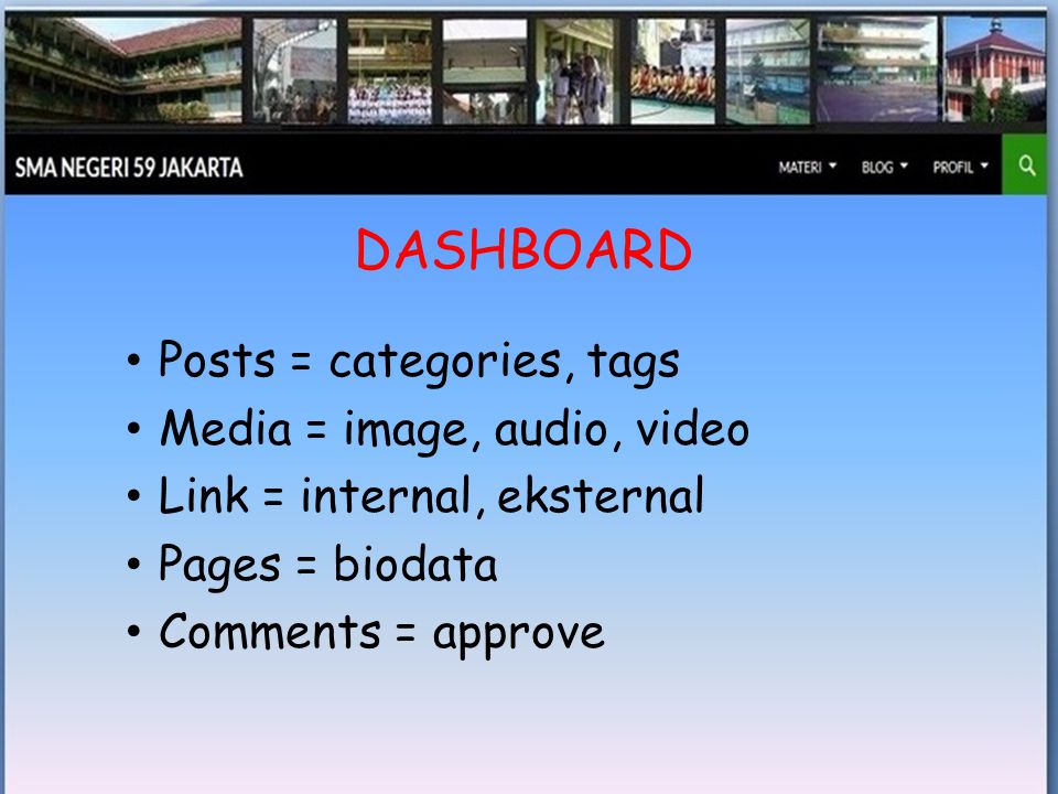• Posts = categories, tags • Media = image, audio, video • Link = internal, eksternal • Pages = biodata • Comments = approve DASHBOARD