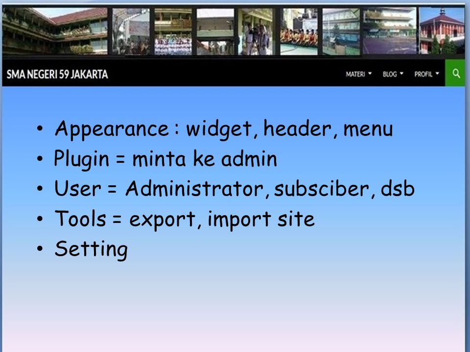 • Appearance : widget, header, menu • Plugin = minta ke admin • User = Administrator, subsciber, dsb • Tools = export, import site • Setting
