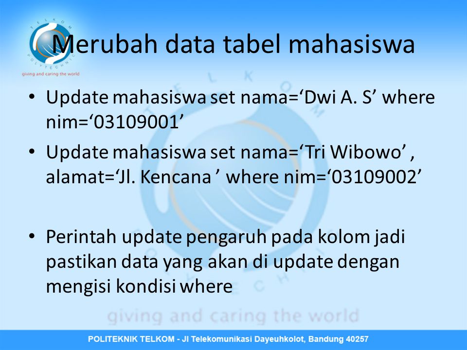 Merubah data tabel mahasiswa • Update mahasiswa set nama=‘Dwi A.