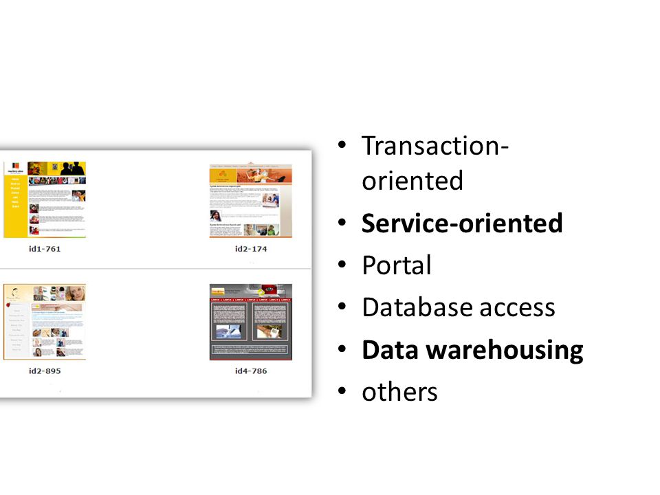 • Transaction- oriented • Service-oriented • Portal • Database access • Data warehousing • others