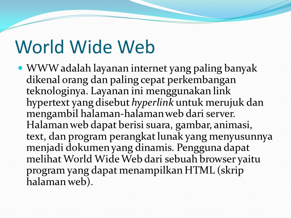 World Wide Web  WWW adalah layanan internet yang paling banyak dikenal orang dan paling cepat perkembangan teknologinya.