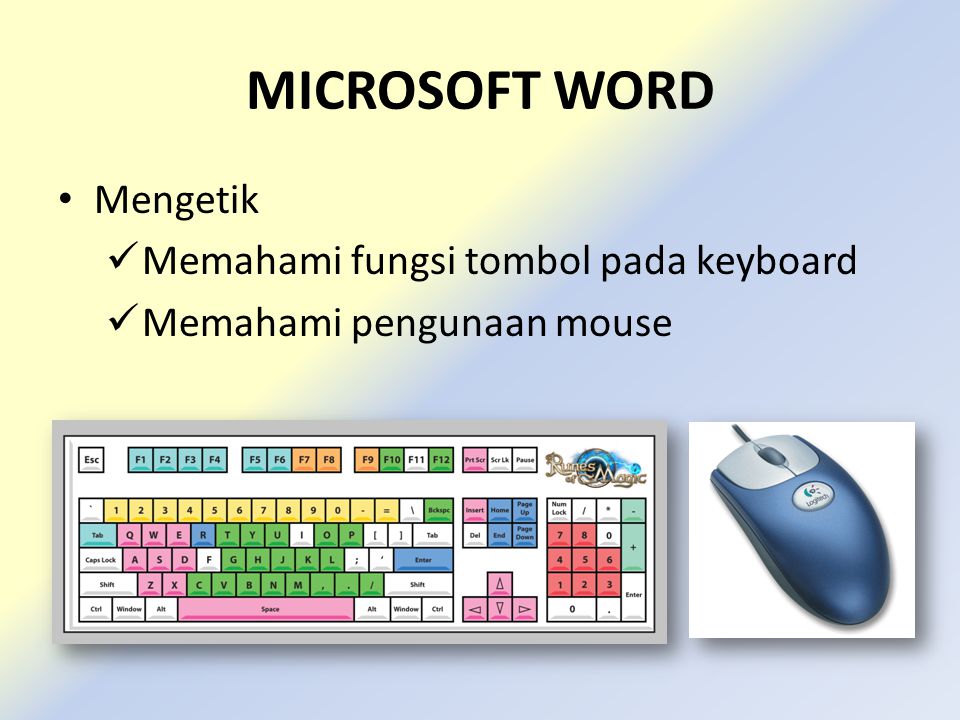 MICROSOFT WORD • Mengetik  Memahami fungsi tombol pada keyboard  Memahami pengunaan mouse
