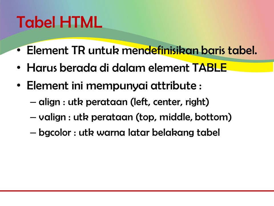 Tabel HTML • Element TR untuk mendefinisikan baris tabel.