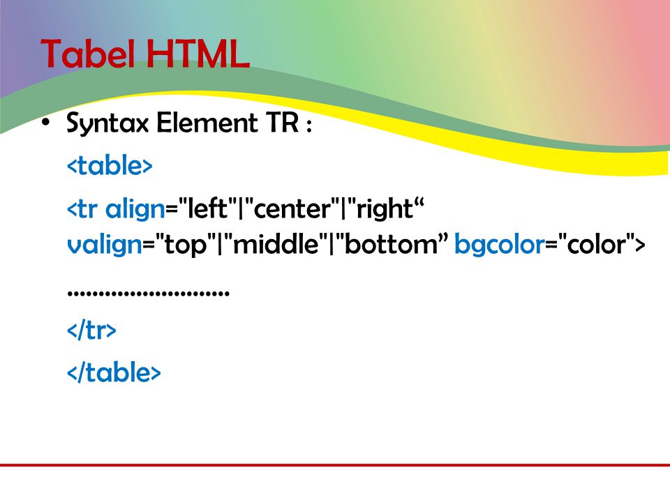 Tabel HTML • Syntax Element TR :