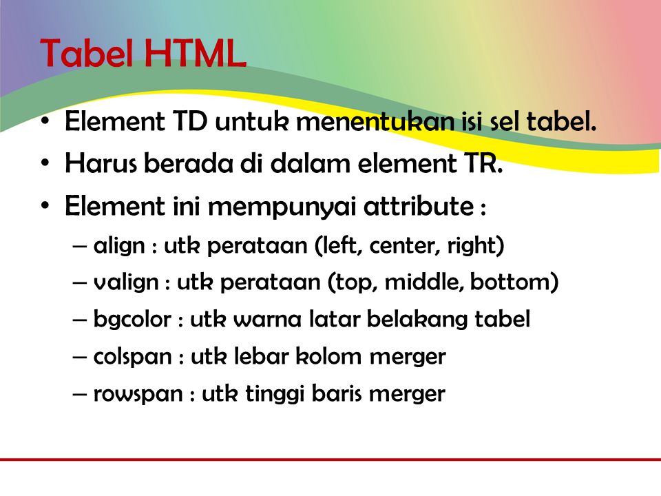 Tabel HTML • Element TD untuk menentukan isi sel tabel.