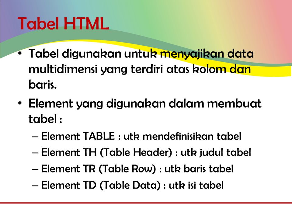 Tabel HTML • Tabel digunakan untuk menyajikan data multidimensi yang terdiri atas kolom dan baris.