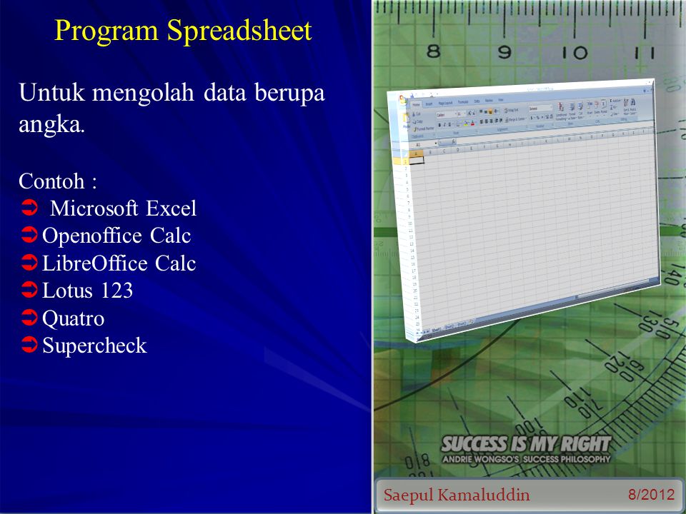 Saepul Kamaluddin 8/2012 Program Spreadsheet Untuk mengolah data berupa angka.