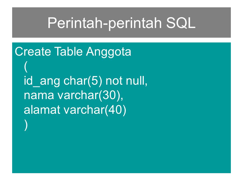 Perintah-perintah SQL Create Table Anggota ( id_ang char(5) not null, nama varchar(30), alamat varchar(40) )