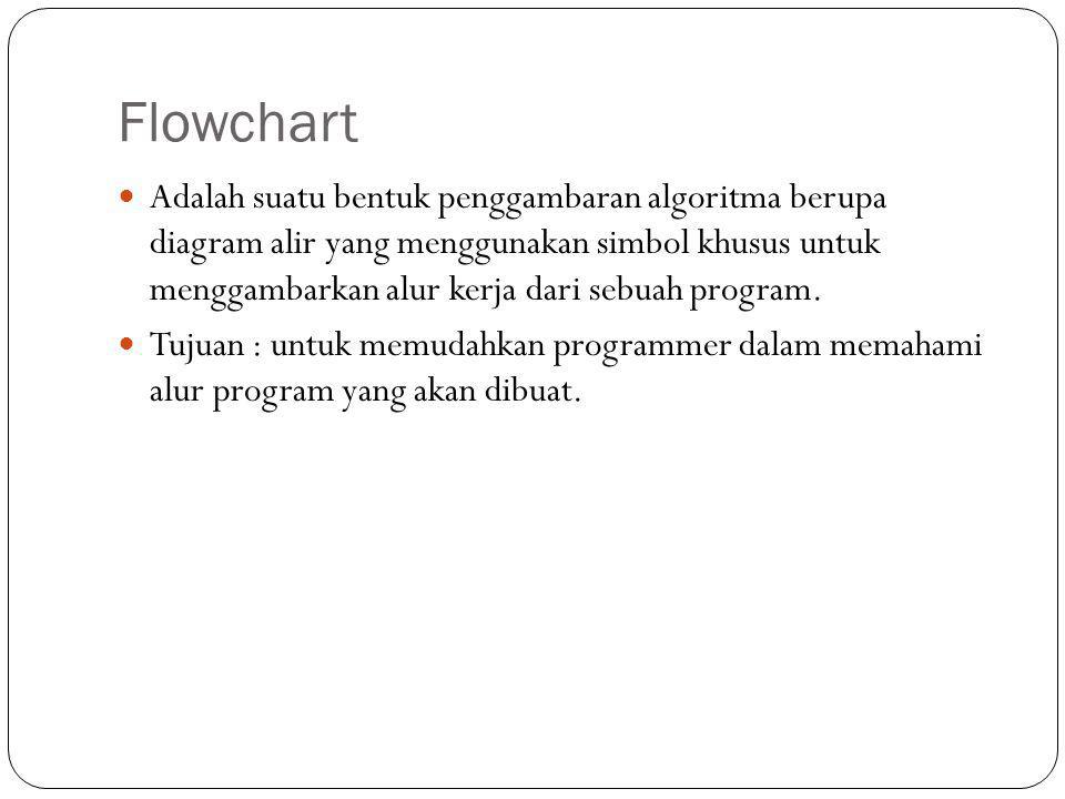 Flowchart  Adalah suatu bentuk penggambaran algoritma berupa diagram alir yang menggunakan simbol khusus untuk menggambarkan alur kerja dari sebuah program.