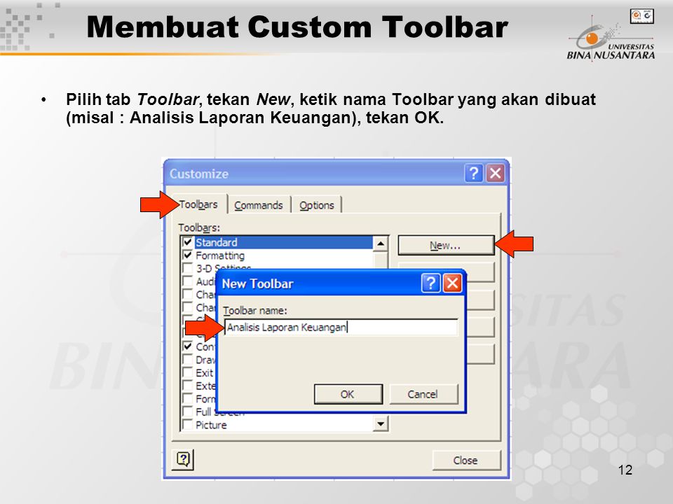 12 Membuat Custom Toolbar •Pilih tab Toolbar, tekan New, ketik nama Toolbar yang akan dibuat (misal : Analisis Laporan Keuangan), tekan OK.
