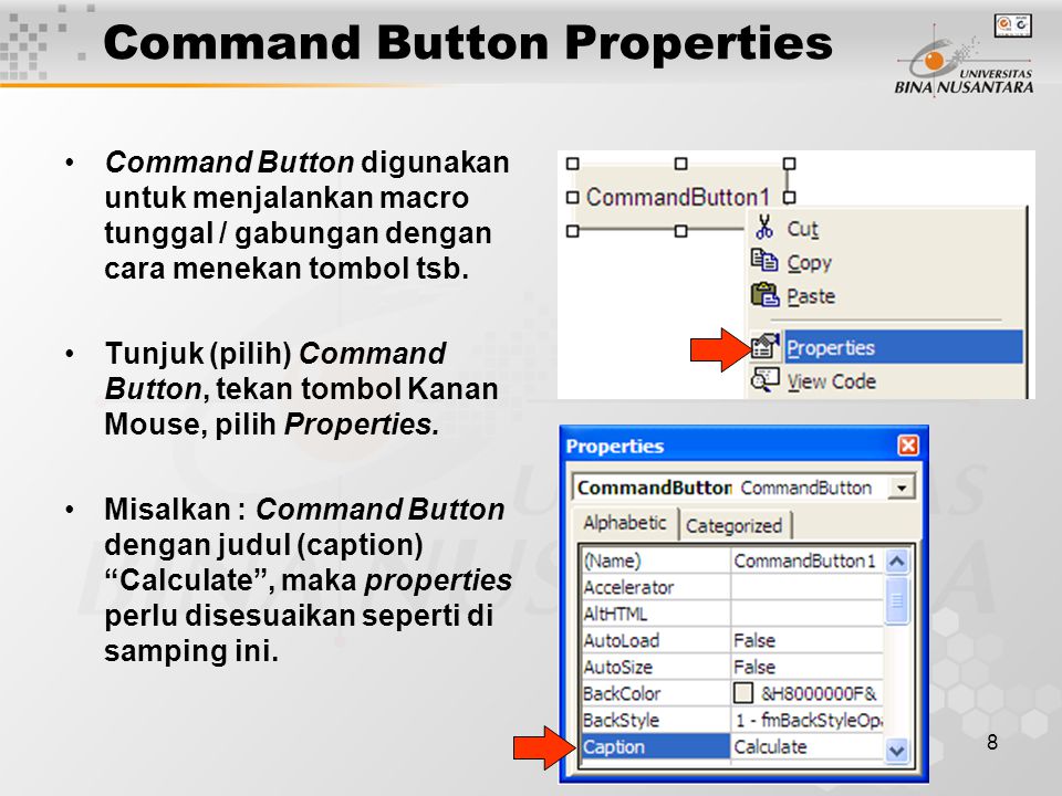 8 Command Button Properties •Command Button digunakan untuk menjalankan macro tunggal / gabungan dengan cara menekan tombol tsb.