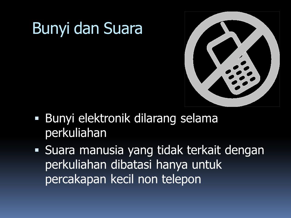 Bunyi dan Suara  Bunyi elektronik dilarang selama perkuliahan  Suara manusia yang tidak terkait dengan perkuliahan dibatasi hanya untuk percakapan kecil non telepon