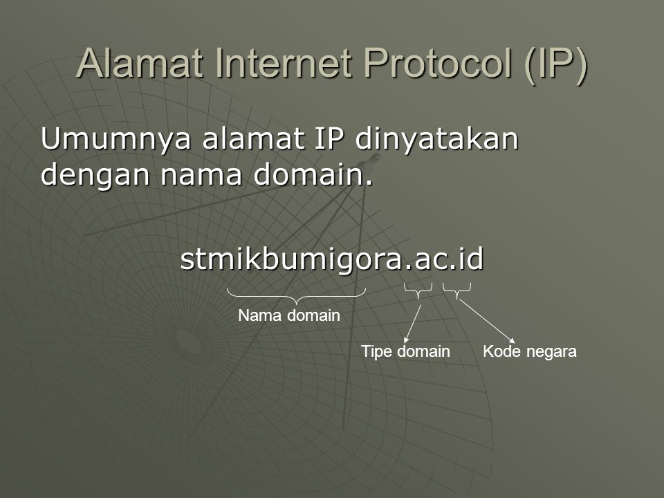Alamat Internet Protocol (IP) Umumnya alamat IP dinyatakan dengan nama domain.