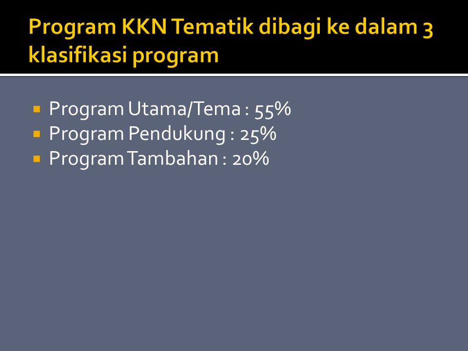  Program Utama/Tema : 55%  Program Pendukung : 25%  Program Tambahan : 20%