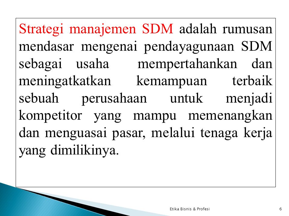 Strategi manajemen SDM adalah rumusan mendasar mengenai pendayagunaan SDM sebagai usaha mempertahankan dan meningatkatkan kemampuan terbaik sebuah perusahaan untuk menjadi kompetitor yang mampu memenangkan dan menguasai pasar, melalui tenaga kerja yang dimilikinya.