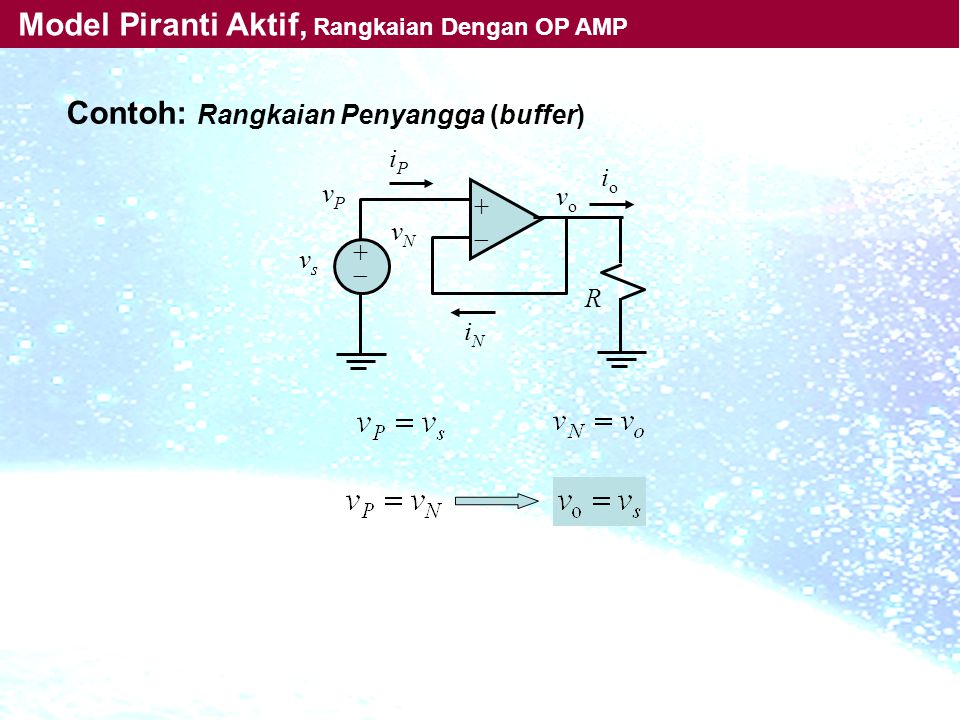 ++ ++ iPiP iNiN vPvP vsvs vNvN R vo vo ioio Contoh: Rangkaian Penyangga (buffer) Model Piranti Aktif, Rangkaian Dengan OP AMP