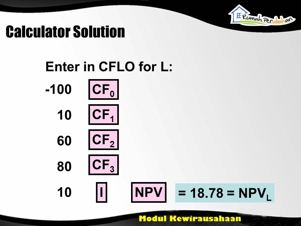 Calculator Solution Enter in CFLO for L: CF 0 CF 1 NPV CF 2 CF 3 I = = NPV L