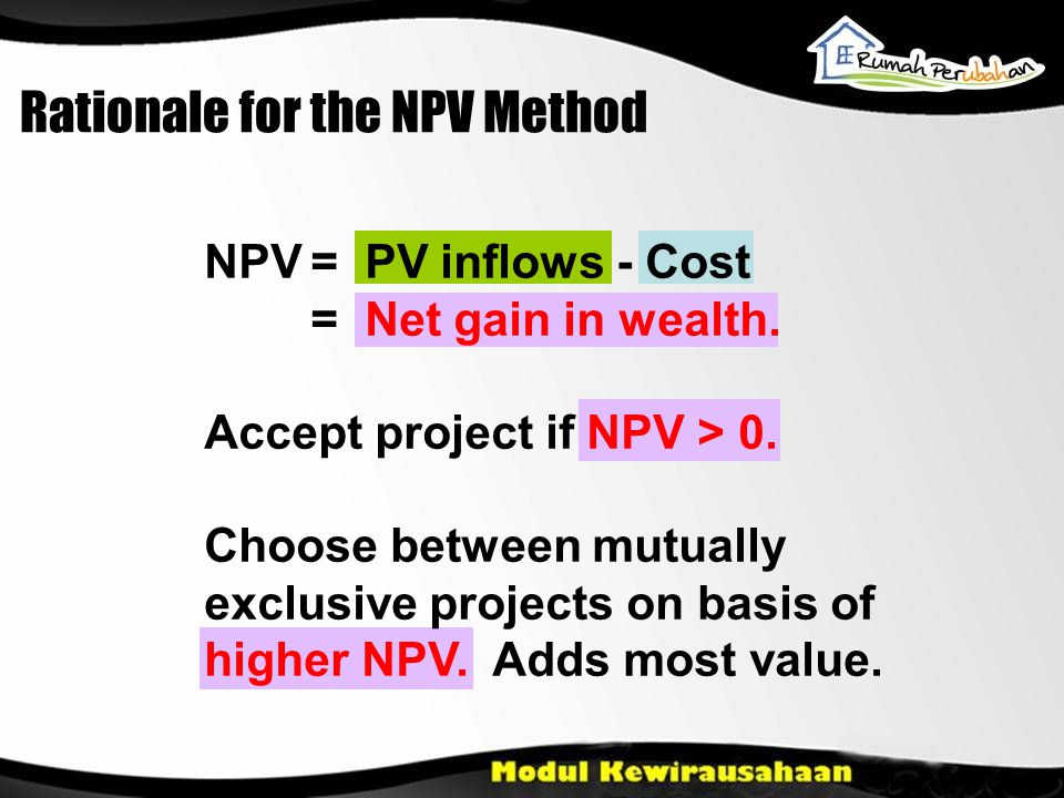 Rationale for the NPV Method NPV= PV inflows - Cost = Net gain in wealth.