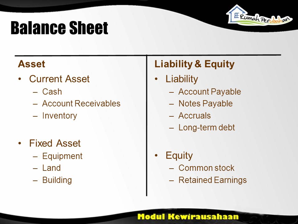 Balance Sheet Asset •Current Asset –Cash –Account Receivables –Inventory •Fixed Asset –Equipment –Land –Building Liability & Equity •Liability –Account Payable –Notes Payable –Accruals –Long-term debt •Equity –Common stock –Retained Earnings
