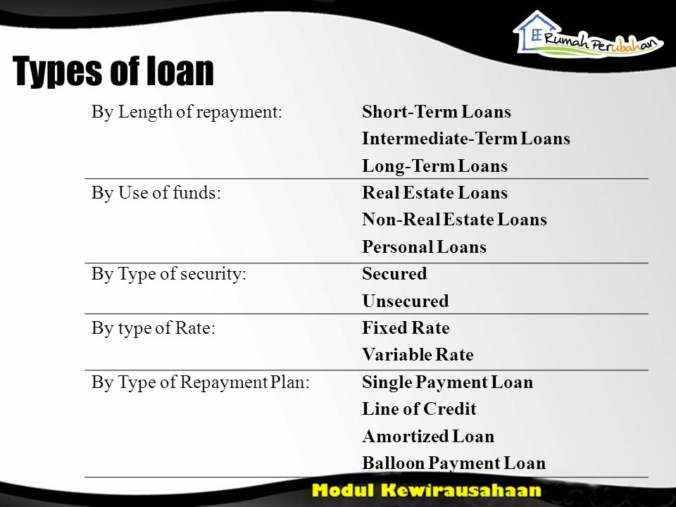 Types of loan By Length of repayment:Short-Term Loans Intermediate-Term Loans Long-Term Loans By Use of funds:Real Estate Loans Non-Real Estate Loans Personal Loans By Type of security:Secured Unsecured By type of Rate:Fixed Rate Variable Rate By Type of Repayment Plan:Single Payment Loan Line of Credit Amortized Loan Balloon Payment Loan