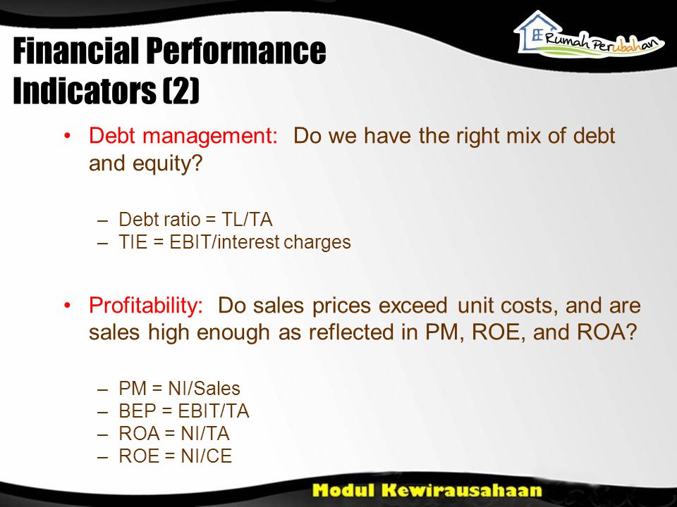 Financial Performance Indicators (2) •Debt management: Do we have the right mix of debt and equity.