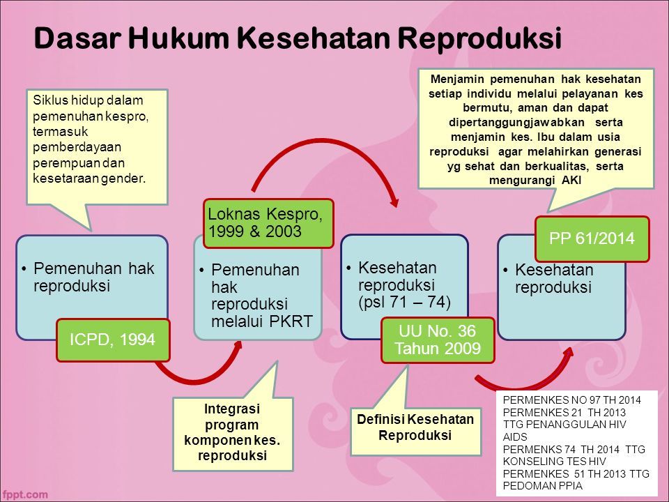8 Pemenuhan hak reproduksi ICPD, 1994 Pemenuhan hak reproduksi melalui PKRT Loknas Kespro, 1999 & 2003 Kesehatan reproduksi (psl 71 – 74) UU No.