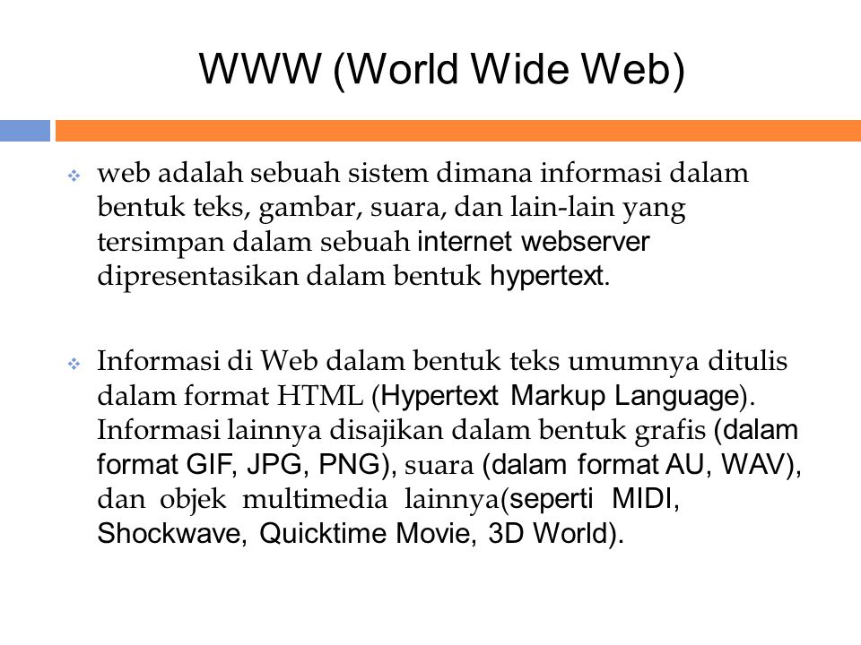 WWW (World Wide Web)  web adalah sebuah sistem dimana informasi dalam bentuk teks, gambar, suara, dan lain-lain yang tersimpan dalam sebuah internet webserver dipresentasikan dalam bentuk hypertext.