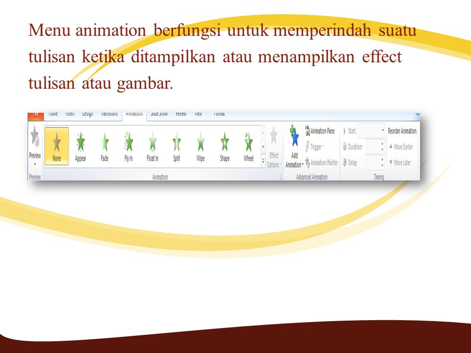 Menu animation berfungsi untuk memperindah suatu tulisan ketika ditampilkan atau menampilkan effect tulisan atau gambar.