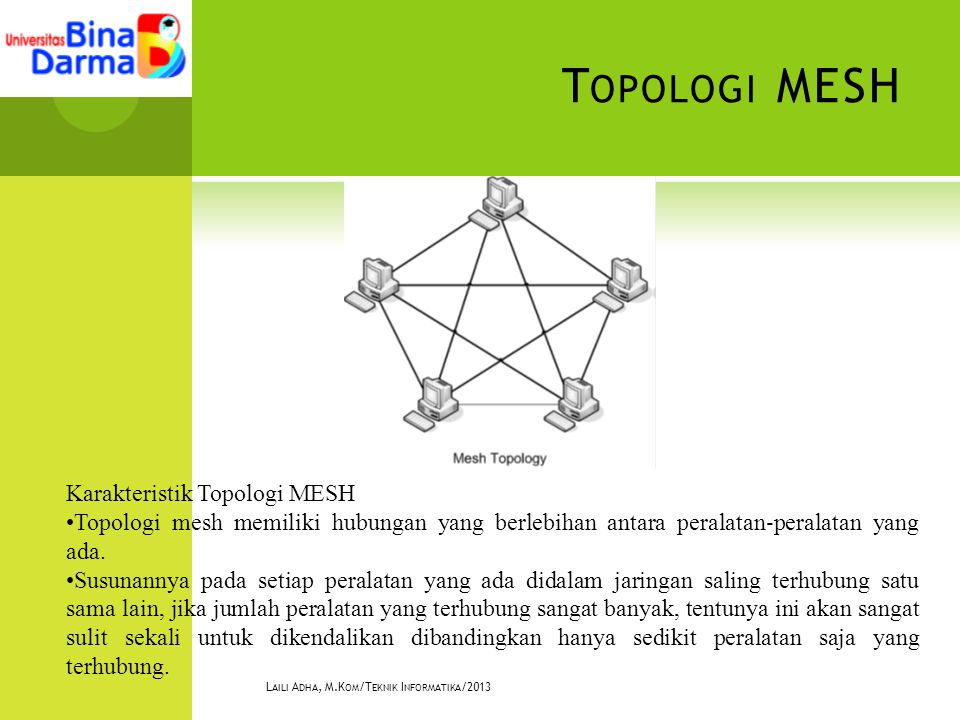 T OPOLOGI MESH L AILI A DHA, M.K OM /T EKNIK I NFORMATIKA /2013 Karakteristik Topologi MESH •Topologi mesh memiliki hubungan yang berlebihan antara peralatan ‐ peralatan yang ada.