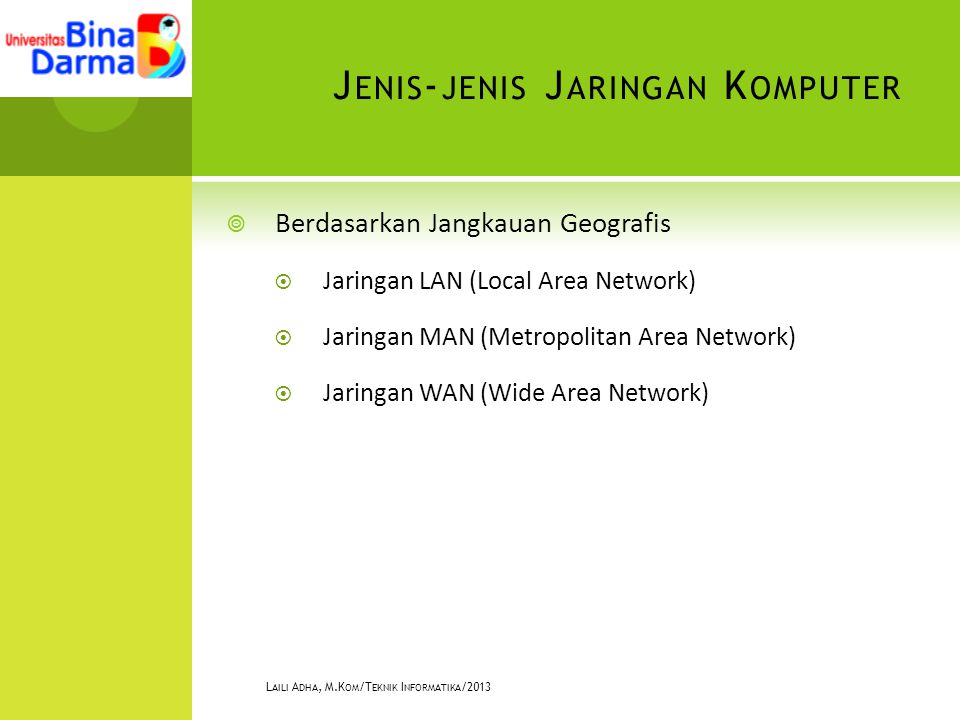 J ENIS - JENIS J ARINGAN K OMPUTER  Berdasarkan Jangkauan Geografis  Jaringan LAN (Local Area Network)  Jaringan MAN (Metropolitan Area Network)  Jaringan WAN (Wide Area Network) L AILI A DHA, M.K OM /T EKNIK I NFORMATIKA /2013
