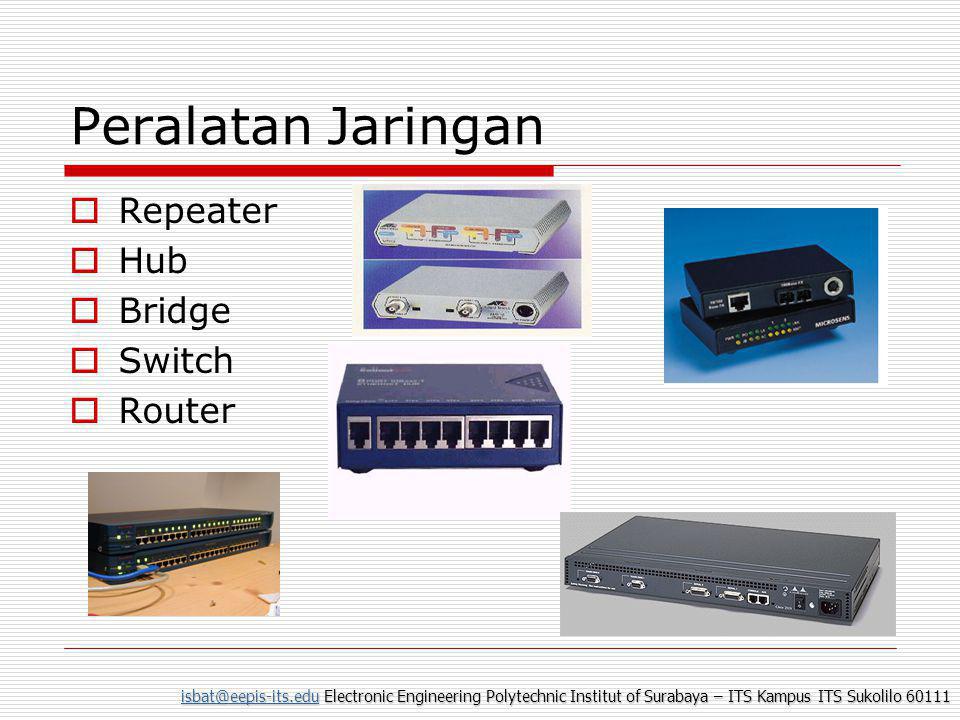 Electronic Engineering Polytechnic Institut of Surabaya – ITS Kampus ITS Sukolilo Peralatan Jaringan  Repeater  Hub  Bridge  Switch  Router