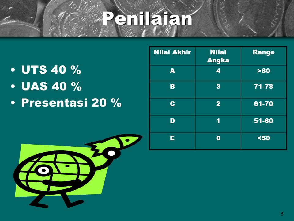 5Penilaian •UTS 40 % •UAS 40 % •Presentasi 20 % Nilai AkhirNilai Angka Range A4>80 B C D E0<50