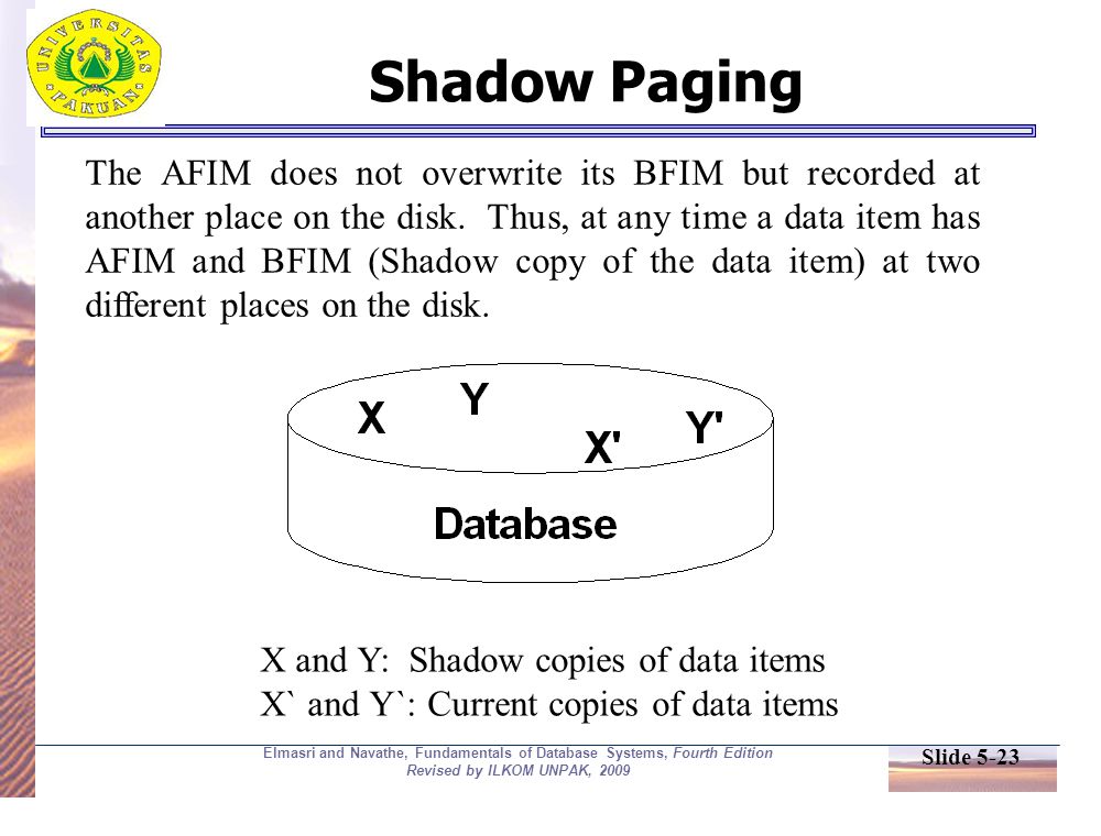 Slide 5-23 Elmasri and Navathe, Fundamentals of Database Systems, Fourth Edition Revised by ILKOM UNPAK, 2009 Shadow Paging The AFIM does not overwrite its BFIM but recorded at another place on the disk.