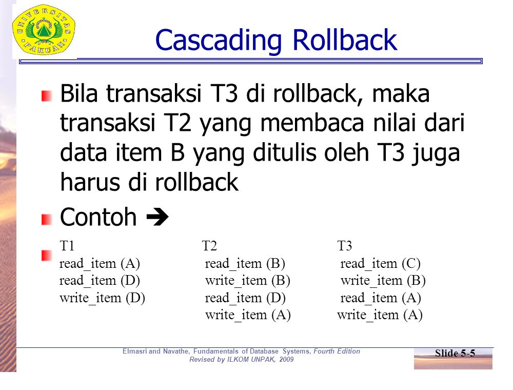 Slide 5-5 Elmasri and Navathe, Fundamentals of Database Systems, Fourth Edition Revised by ILKOM UNPAK, 2009 Cascading Rollback Bila transaksi T3 di rollback, maka transaksi T2 yang membaca nilai dari data item B yang ditulis oleh T3 juga harus di rollback Contoh  T1T2T3 read_item (A) read_item (B) read_item (C) read_item (D) write_item (B) write_item (B) write_item (D) read_item (D) read_item (A) write_item (A)write_item (A)