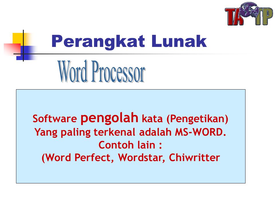 Perangkat Lunak Software pengolah kata (Pengetikan) Yang paling terkenal adalah MS-WORD.