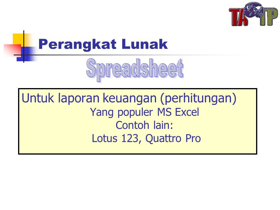 Perangkat Lunak Untuk laporan keuangan (perhitungan) Yang populer MS Excel Contoh lain: Lotus 123, Quattro Pro
