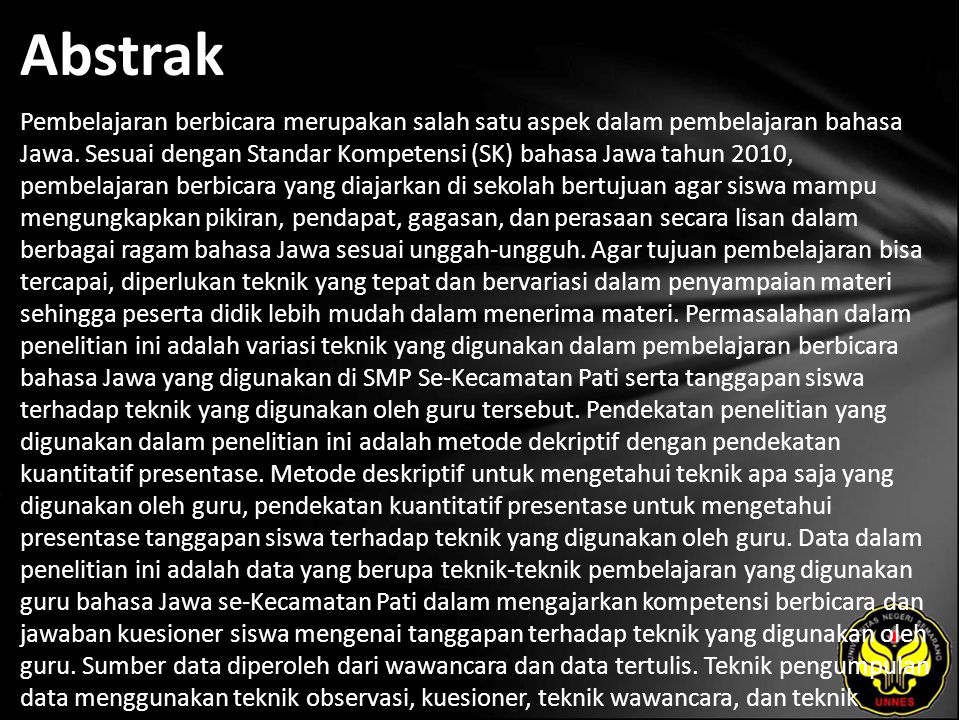 Abstrak Pembelajaran berbicara merupakan salah satu aspek dalam pembelajaran bahasa Jawa.