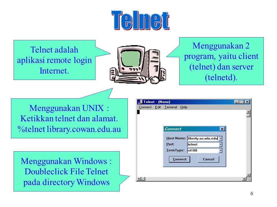6 Telnet adalah aplikasi remote login Internet.