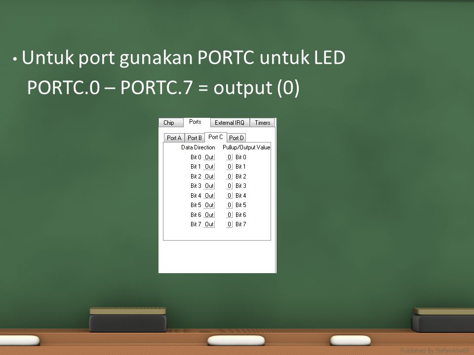 Untuk port gunakan PORTC untuk LED PORTC.0 – PORTC.7 = output (0) Published By Stefanikha69