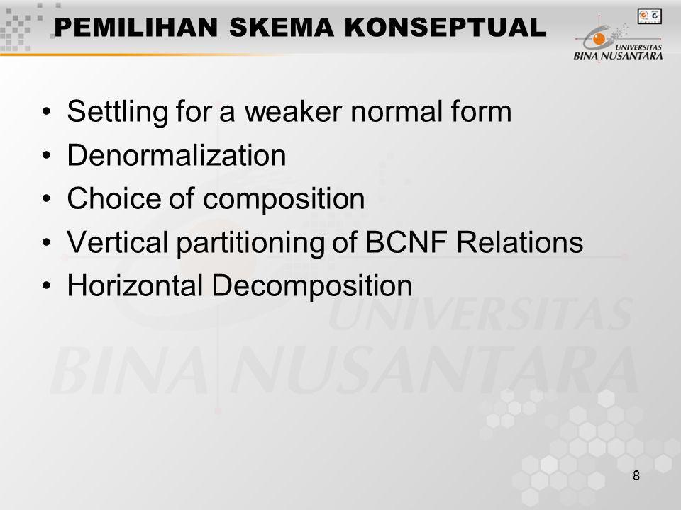 8 PEMILIHAN SKEMA KONSEPTUAL Settling for a weaker normal form Denormalization Choice of composition Vertical partitioning of BCNF Relations Horizontal Decomposition