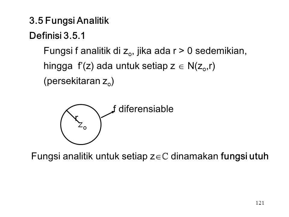 Fungsi Analitik Definisi Fungsi f analitik di z o, jika ada r > 0 sedemikian, hingga f’(z) ada untuk setiap z  N(z o,r) (persekitaran z o ) r f diferensiable Fungsi analitik untuk setiap z  ℂ dinamakan fungsi utuh