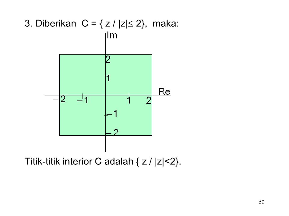60 3.Diberikan C = { z / |z|  2}, maka: Titik-titik interior C adalah { z / |z|<2}.