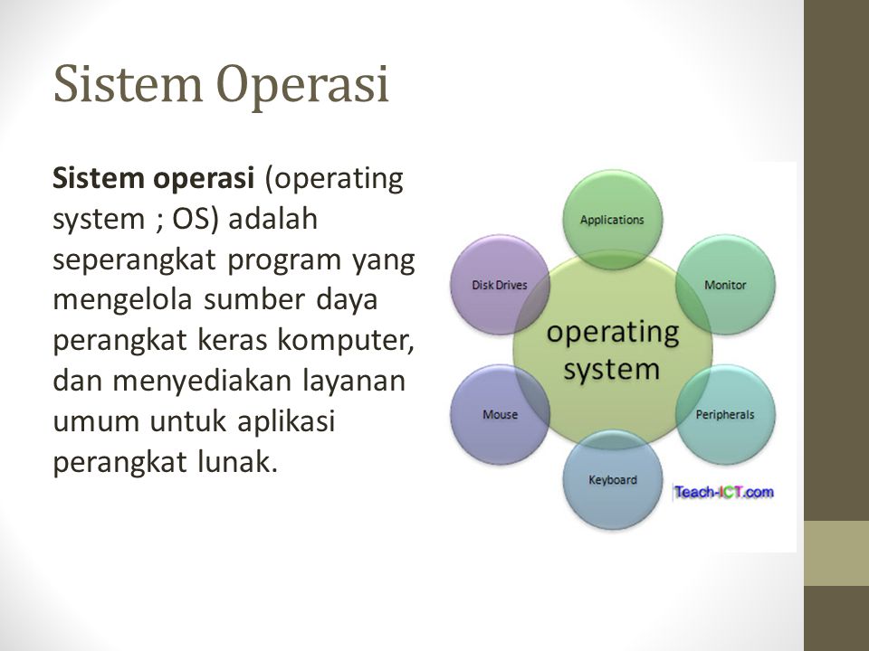 Sistem Operasi Sistem operasi (operating system ; OS) adalah seperangkat program yang mengelola sumber daya perangkat keras komputer, dan menyediakan layanan umum untuk aplikasi perangkat lunak.