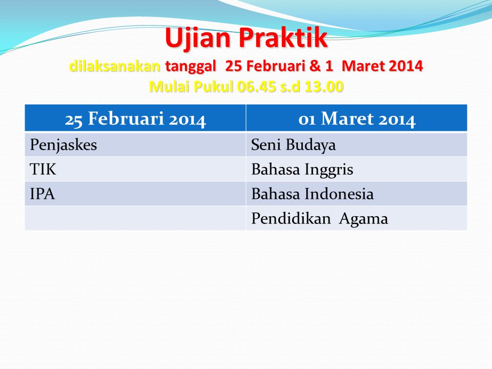 Ujian Praktik dilaksanakan tanggal 25 Februari & 1 Maret 2014 Mulai Pukul s.d Februari Maret 2014 PenjaskesSeni Budaya TIKBahasa Inggris IPABahasa Indonesia Pendidikan Agama